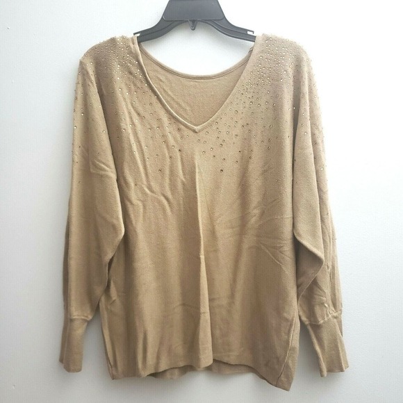 Vince Camuto Embellished Dolman-Sleeve Sweater Sz Medium Brown Sequins Vneck NWT - Picture 1 of 8
